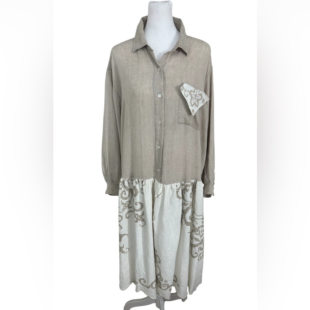 Eddie Bauer 100% Linen Embroidered Button Front Midi Dress Cream Tan Petite XS - Picture 7 of 13